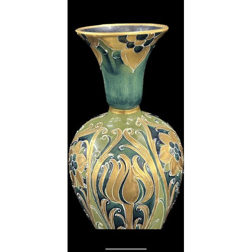 610 - Antique William Moorcroft Macintyre Florianware vase green and gold hand painted detailing, approxim... 