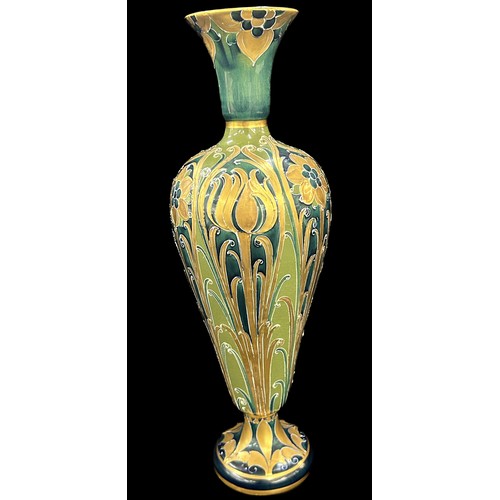 610 - Antique William Moorcroft Macintyre Florianware vase green and gold hand painted detailing, approxim... 