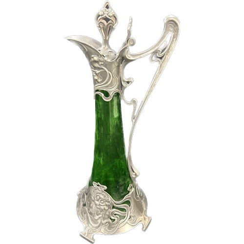 620 - WMF Green Glass Decanter with Art Nouveau pewter mounts, circa 1900 decorated with maidens head to e... 