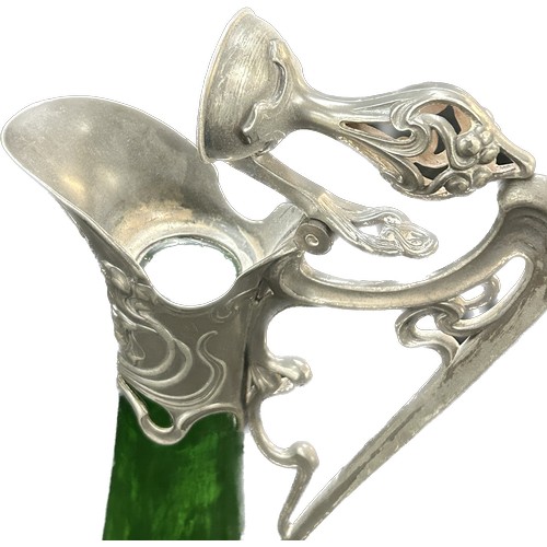 620 - WMF Green Glass Decanter with Art Nouveau pewter mounts, circa 1900 decorated with maidens head to e... 