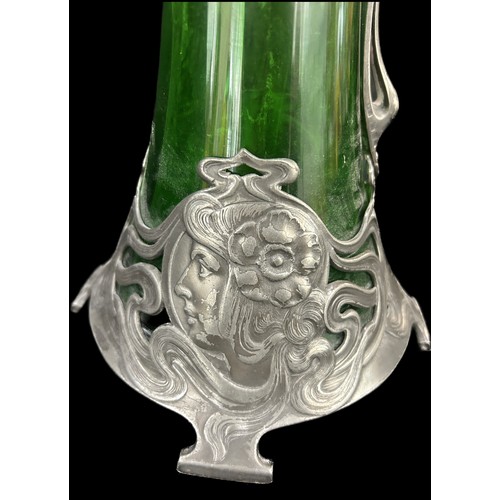 620 - WMF Green Glass Decanter with Art Nouveau pewter mounts, circa 1900 decorated with maidens head to e... 