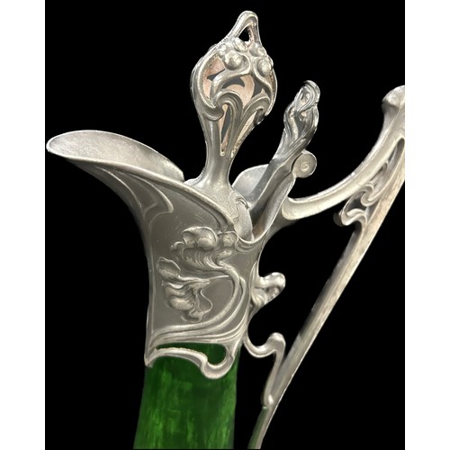 620 - WMF Green Glass Decanter with Art Nouveau pewter mounts, circa 1900 decorated with maidens head to e... 