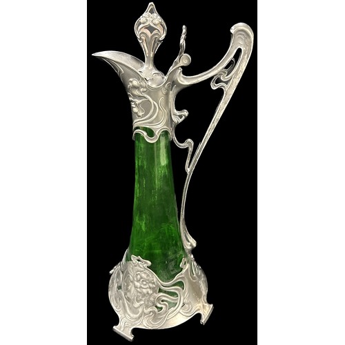 620 - WMF Green Glass Decanter with Art Nouveau pewter mounts, circa 1900 decorated with maidens head to e... 