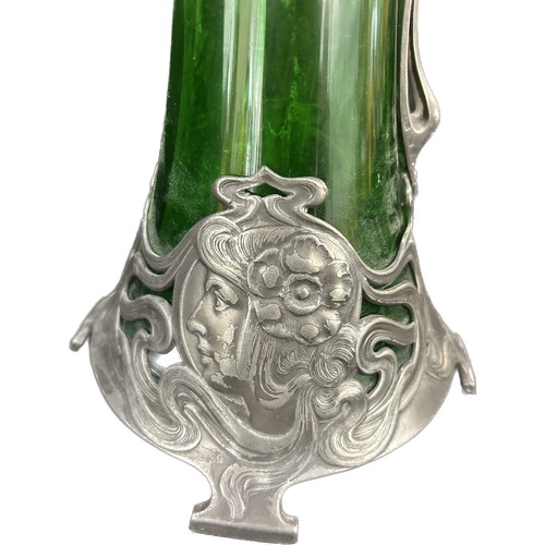 620 - WMF Green Glass Decanter with Art Nouveau pewter mounts, circa 1900 decorated with maidens head to e... 