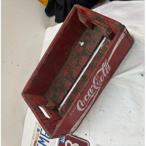 218 - Vintage wooden coca cola crate with 2 american number plate and a please keep off the grass sign cra... 