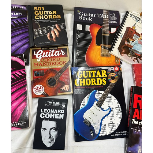 259 - Selection of assorted music books includes Guitar chords, Rock almanac, the guitar handy book etc