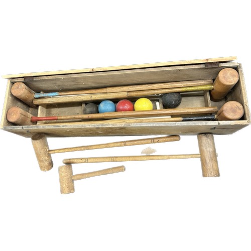 284 - Wooden cased Croquet garden game, has sustained woodworm, case measurements: Length 42 inches, Heigh... 