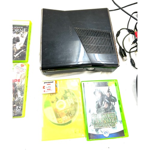 160 - Xbox 360 with leads, controller, games, untested