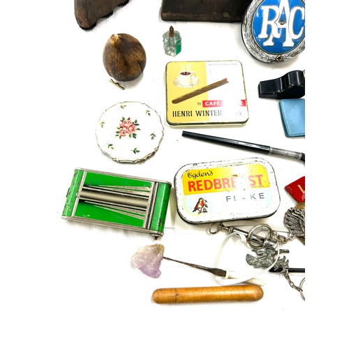 616 - Large selection of vintage and later items to include cloth badges, tins, compacts, whistles, RAC ca... 