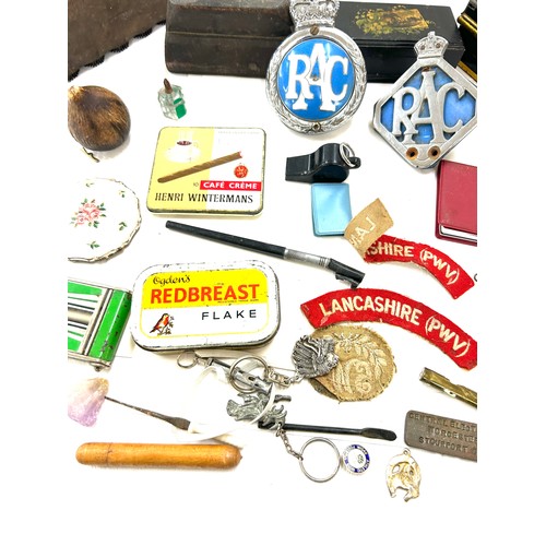 616 - Large selection of vintage and later items to include cloth badges, tins, compacts, whistles, RAC ca... 