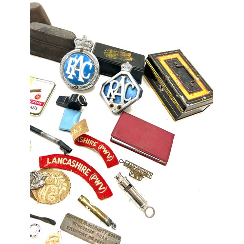 616 - Large selection of vintage and later items to include cloth badges, tins, compacts, whistles, RAC ca... 