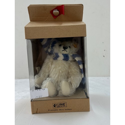 24 - Steiff teddy bear in original box and tag, Winter with hat and scarf, 18cm tall