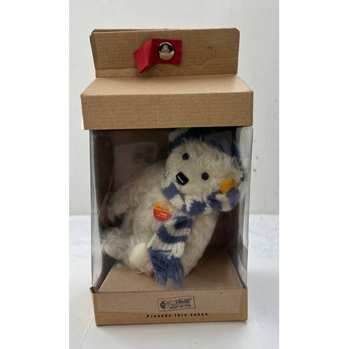 27 - Steiff teddy bear in original box, Winter with hat and scarf, 18cm tall