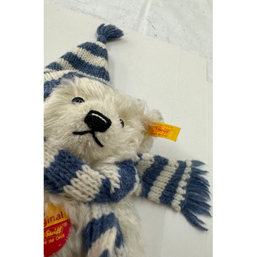 27 - Steiff teddy bear in original box, Winter with hat and scarf, 18cm tall