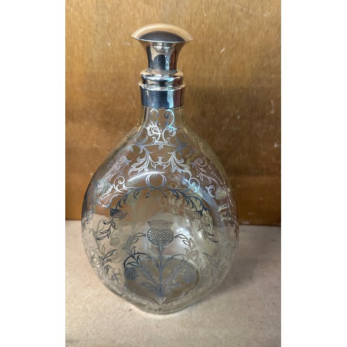 596 - Antique haig whiskey dimple glass silver overlay decanter