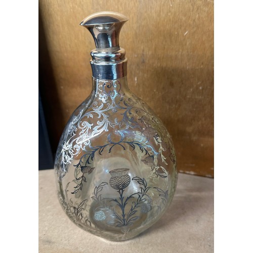 596 - Antique haig whiskey dimple glass silver overlay decanter