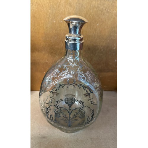 596 - Antique haig whiskey dimple glass silver overlay decanter