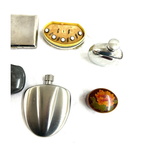 53 - Selection of collectable items includes hip flask, silver button studs etc