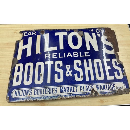 39 - Large antique Hiltons reliable Boots and Shoes sign measures approximately 36 inches long 24 inches ... 