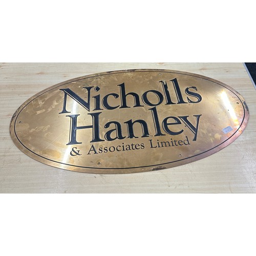 19 - Large Nichols Hanley oval brass sign measures approximately 36 inches wide 19.5 inches tall