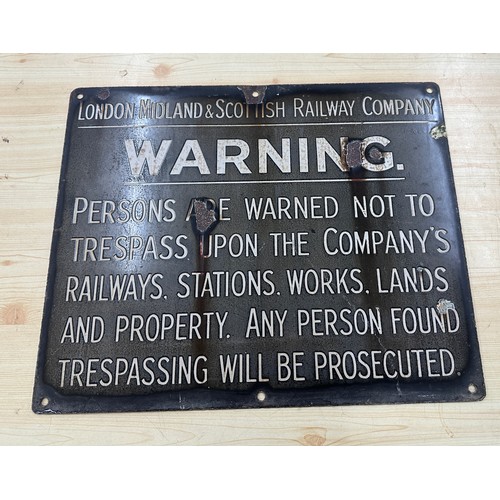 25 - Vintage enamel Railway warning sign measures approximately 22inches long 18 inches tall