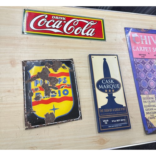 16 - Selection of 4 Advertising enamel signs includes Coca cola, Chives carpet soap, Cask Marque etc larg... 