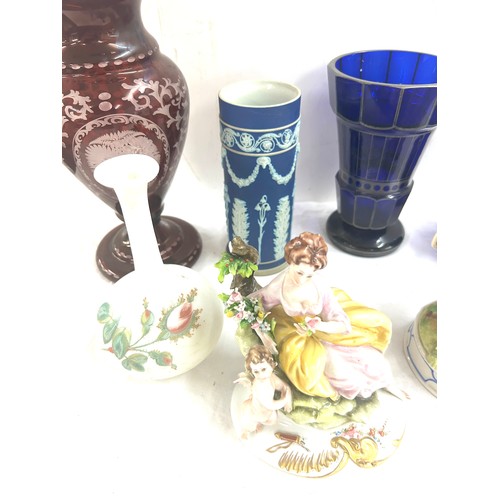 28 - Antique ceramics and glassware to include a Wedgwood vase Bristol blue decanter etc