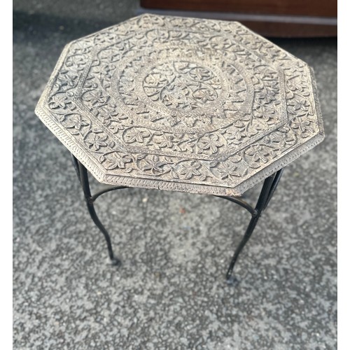 312 - Vintage metal carved top octagonal occassional table measures approx 18 inches tall