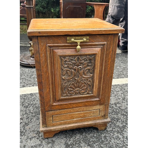 299 - Carved Oak brass handled coal box and one other mahogany inlaid Measures approximately 23 inches tal... 