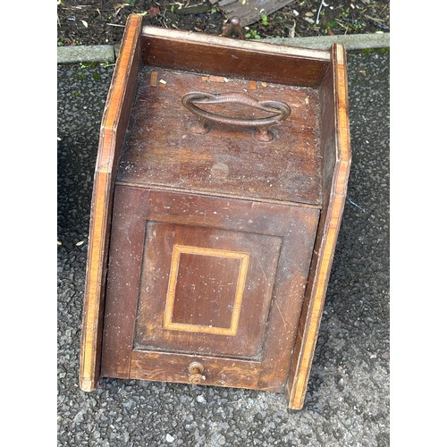 299 - Carved Oak brass handled coal box and one other mahogany inlaid Measures approximately 23 inches tal... 