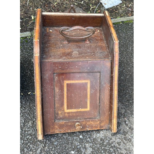 299 - Carved Oak brass handled coal box and one other mahogany inlaid Measures approximately 23 inches tal... 