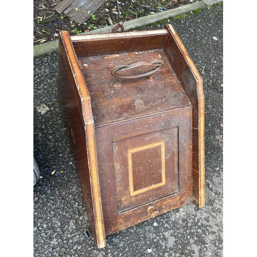 299 - Carved Oak brass handled coal box and one other mahogany inlaid Measures approximately 23 inches tal... 