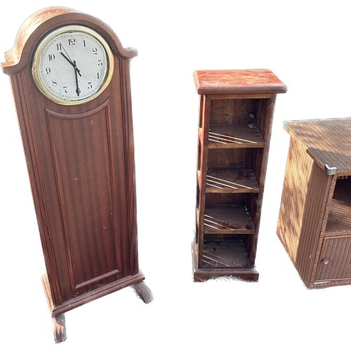 367 - Two bookcases and wicker glass topped table tallest measures 35 inches tall