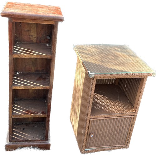 367 - Two bookcases and wicker glass topped table tallest measures 35 inches tall