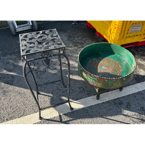 336 - Wooden drum table and a metal plant stand overall height 31 inches