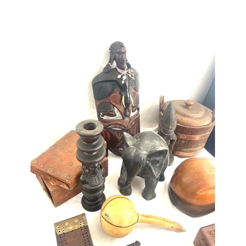 280 - Selection of assorted wooden items includes carved wooden items, ice bucket, mask, boxes etc