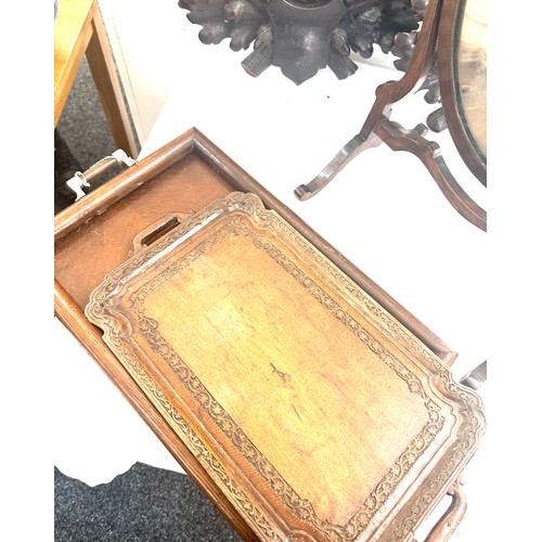 91 - Selection of vintage wooden items includes 2 trays, swivel mirror etc