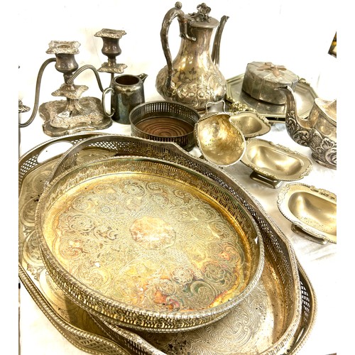 192 - Selection of vintage silver plated pieces to include trays, candelabra, teapot, cruet set etc