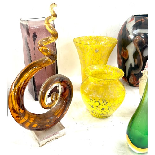 73 - Selection of coloured glassware to include vases, glass art etc, tallest piece measures: 14 inches