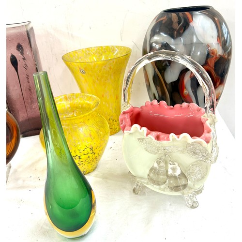 73 - Selection of coloured glassware to include vases, glass art etc, tallest piece measures: 14 inches