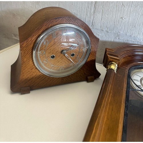 291 - Two key hole mantel clock, wall clock and a vintage electric clock