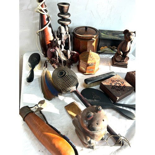 242 - Large selection of wooden items to include bookends, lamps, tea caddys, trinket boxes etc