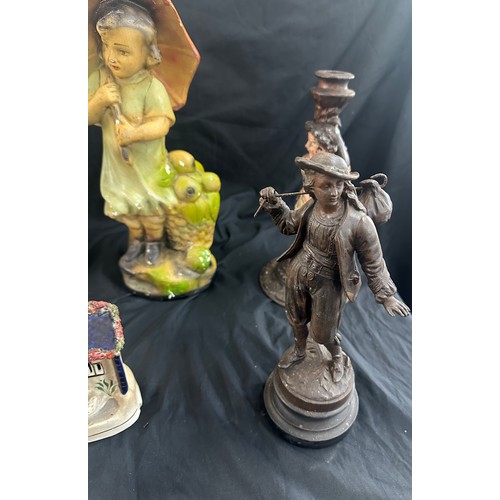 187 - 2 chalk figures, cast iron candlestick, spelter figure and a Staffordshire ornament, tallest measure... 