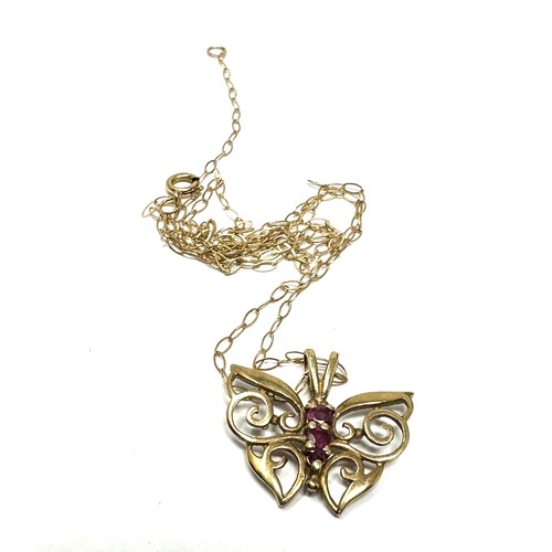 62 - 9ct Gold Ruby Butterfly Pendant Necklace (1.3g)