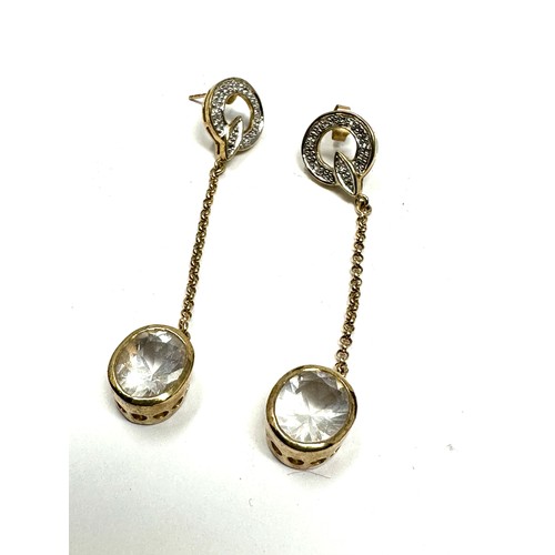 95 - 9ct Gold White Gemstone & Rock Crystal Drop Earrings (6.6g)