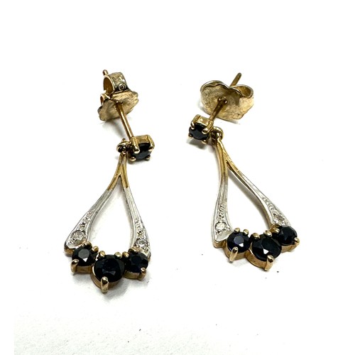 90 - 9ct Gold Diamond & Sapphire Drop Earrings (1.7g)