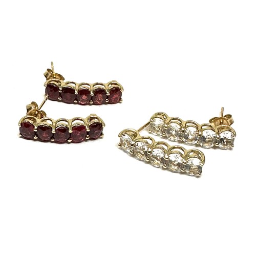 61 - 2 X 9ct Gold Red & White Gemstone Drop Dress Earrings D (5.1g)