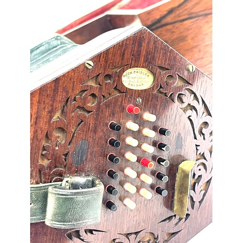 407 - Antique circa 1860 rock Chidley concertina, 48 key button, Rosewood fretted ends in original case, e... 