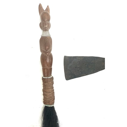 106 - Vintage carved african axe, pipe and horse hair cane