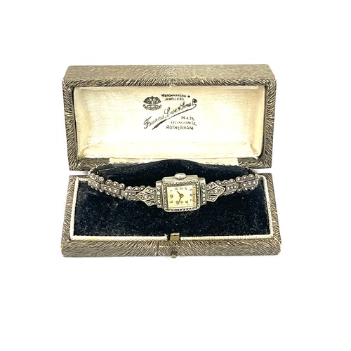 463 - Vintage marcasite cocktail watch, strap with silver hallmarks